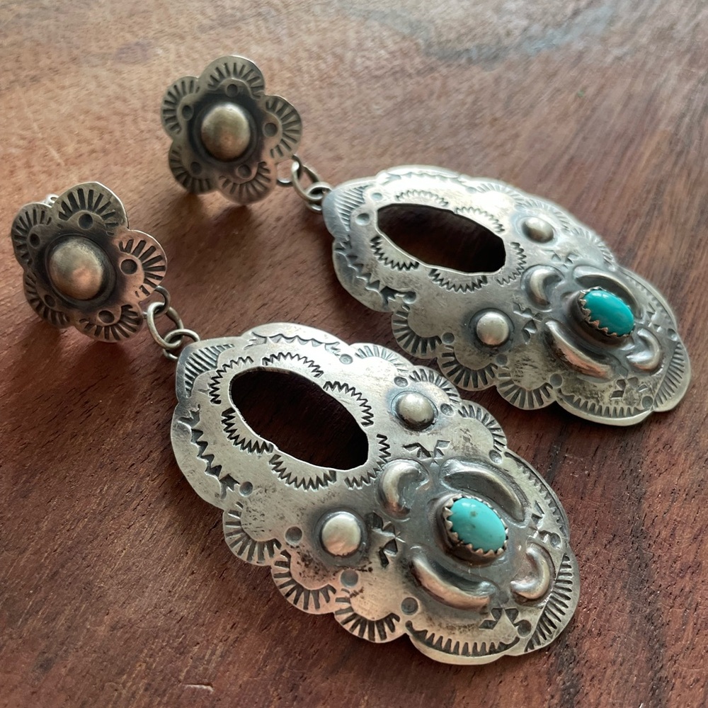 Navajo Silver and Turquoise Floral Drop Earrings